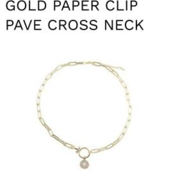 Goldtone paperclip chain necklace with crystal cross disc pendant- New - Picture 1 of 5